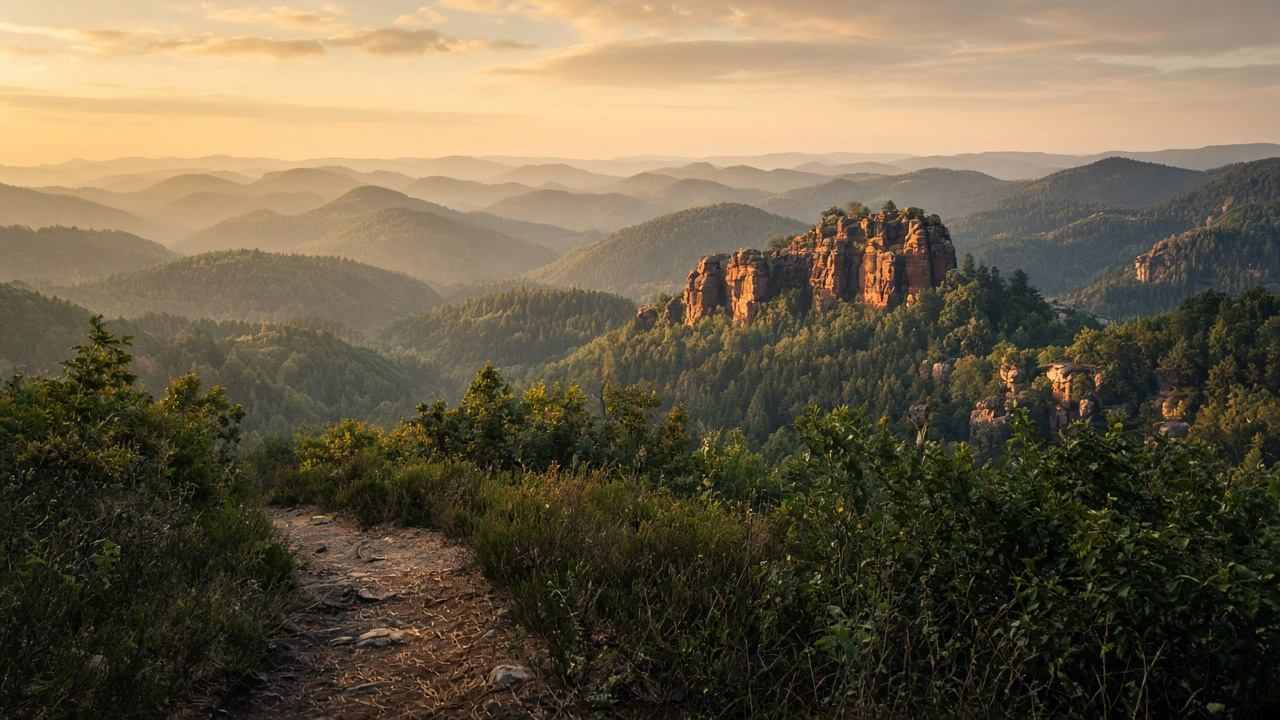Weitläufiger Blick über Felsen und Waldkuppen für eine Mehrtageswanderung