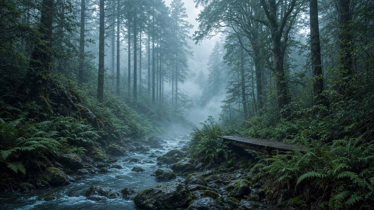 Grünes Waldtal mit Lichtflecken zwischen hohen Baumkronen