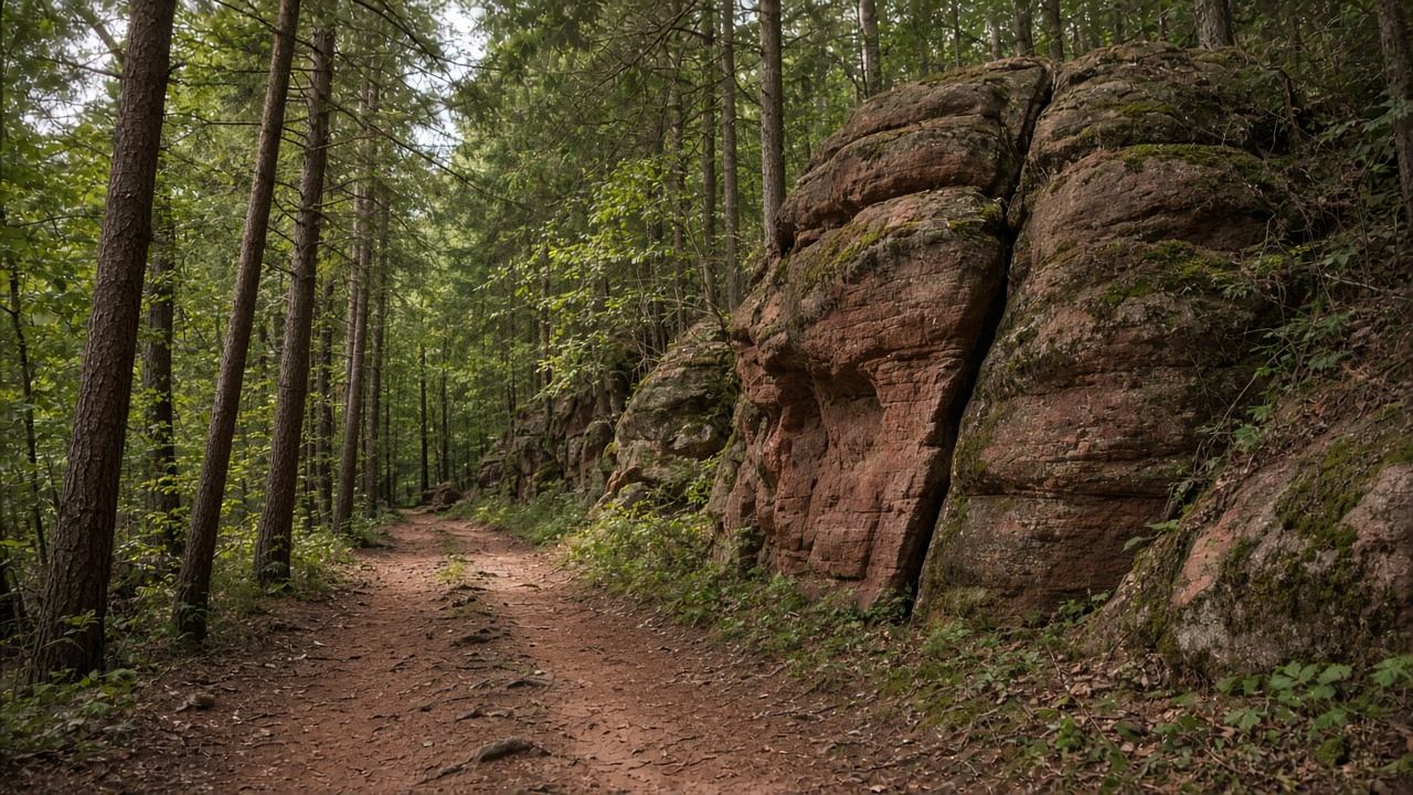 Schmaler Wanderweg durch roten Sandstein und Kiefernwald