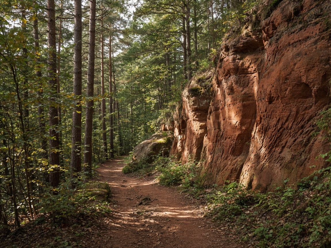 Asymmetrische Sandsteinwand und Waldsaum im Pfälzerwald