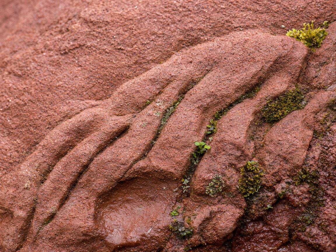 Makroaufnahme von Buntsandstein mit Schichtlinien und Eisenoxid