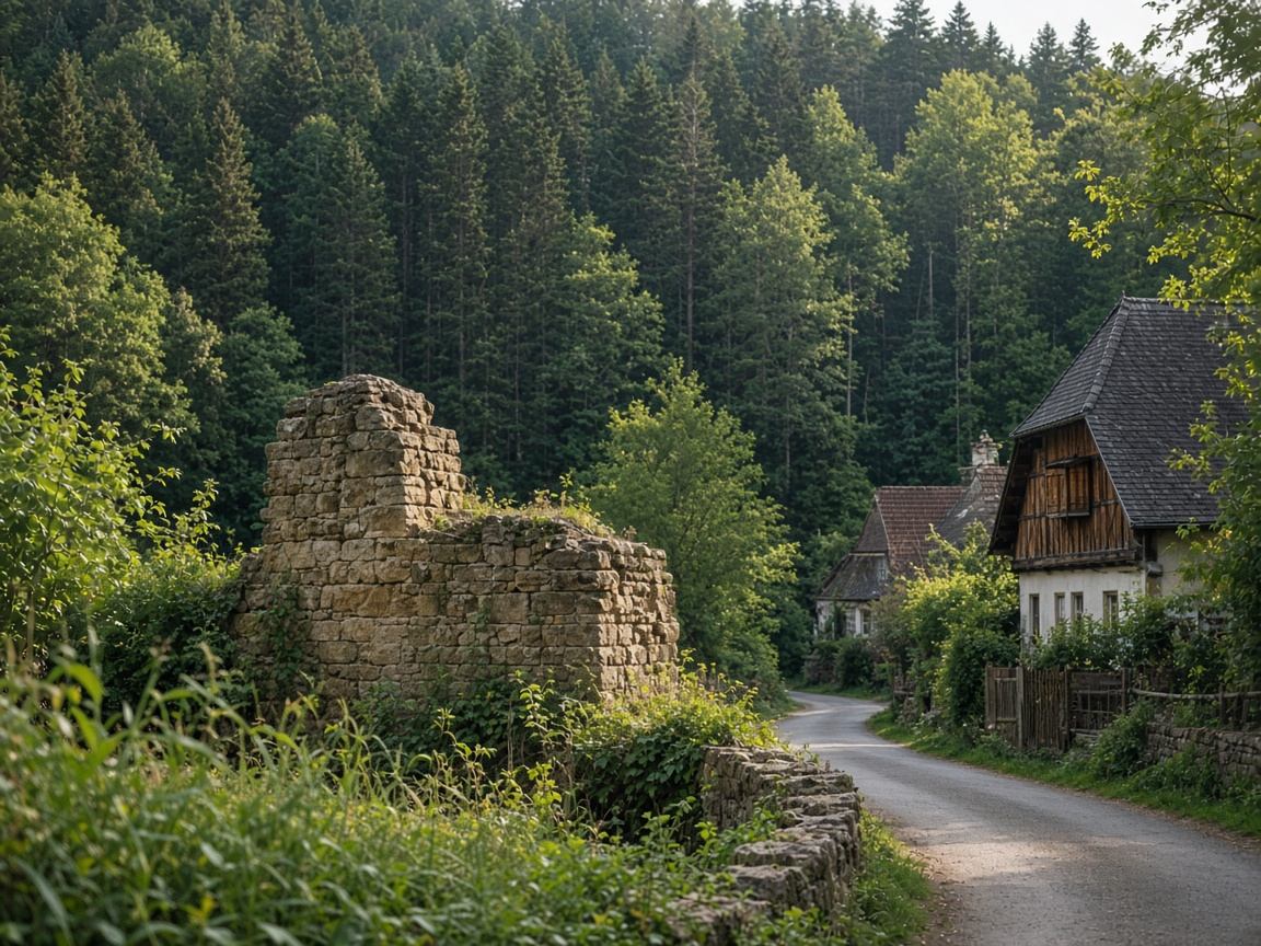 Ortsrand mit Häusern und Übergang in den bewaldeten Hang